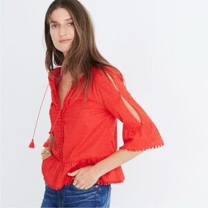 Madewell Red Peasant Top Blouse with Pom-Pom Trim 3/4 Sleeves Peekaboo 0 2 XS